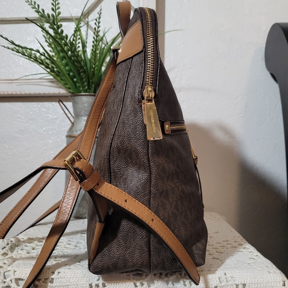 Michael Kors Brown Unisex Rhea Zip Medium Slim MK Signature Logo Backpack - Picture 3 of 14